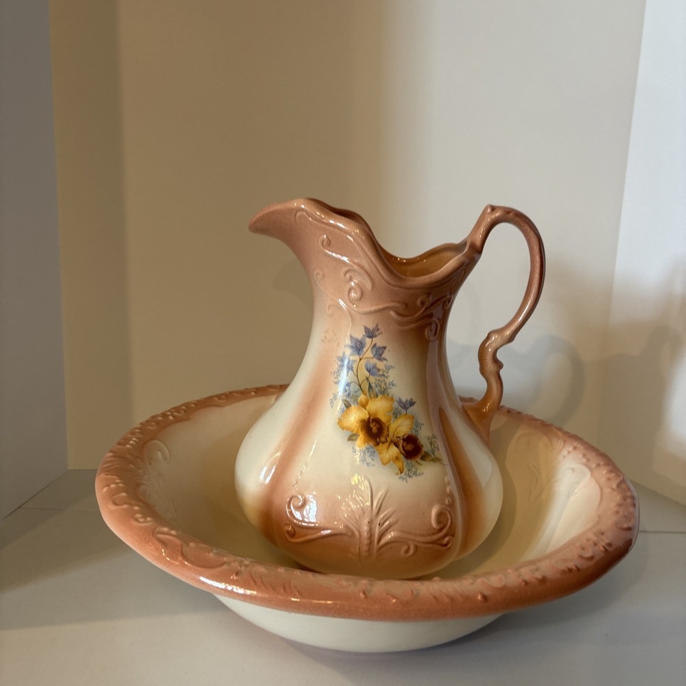 Ironstone Large Wash Bowl Basin Pitcher Set Pink Flowers Design